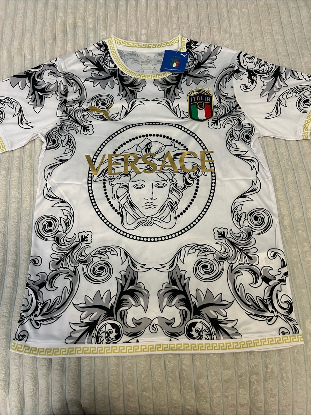 Versace White Shirt with Black Baroque Medusa and Gold Logo